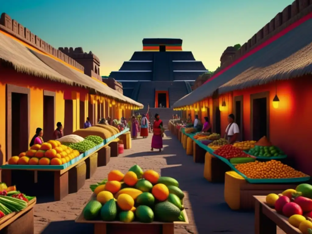 Escena vibrante de un mercado azteca antiguo, donde la gente intercambia frutas y especias coloridas cerca de templos majestuosos