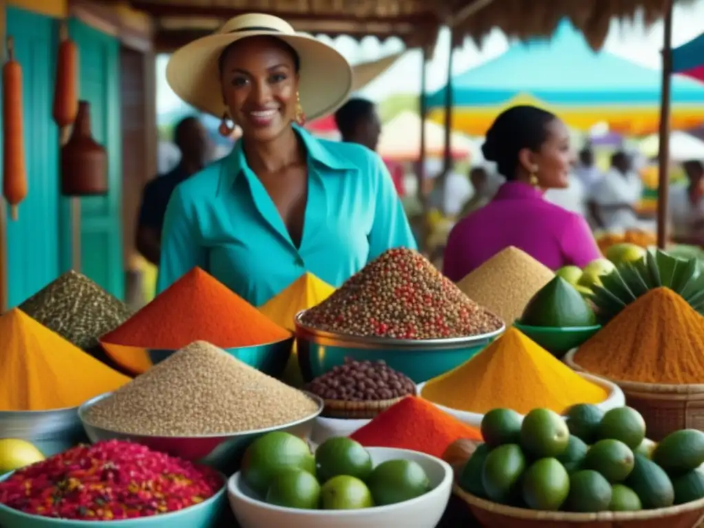 Escena vibrante de mercado caribeño con ingredientes de influencia diáspora africana