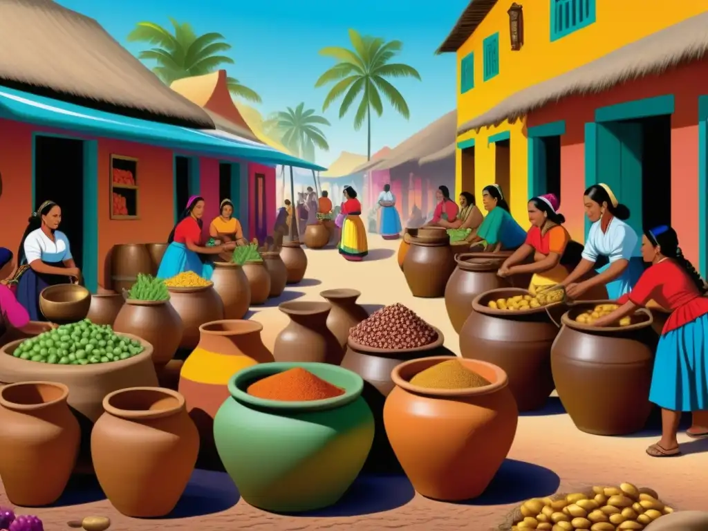 Mercado colonial vibrante: intercambio cultural de bebidas fermentadas Escena vibrante de mercado colonial con mujeres indígenas preparando chicha
