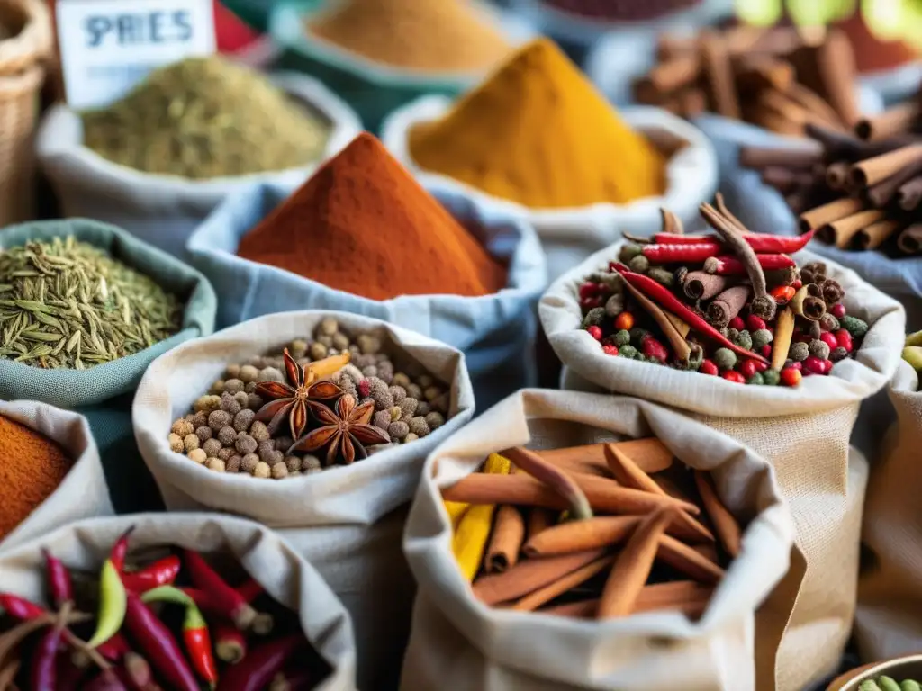 Una escena vibrante de mercado con especias coloridas, resaltando la importancia cultural de las especias en la cocina mundial