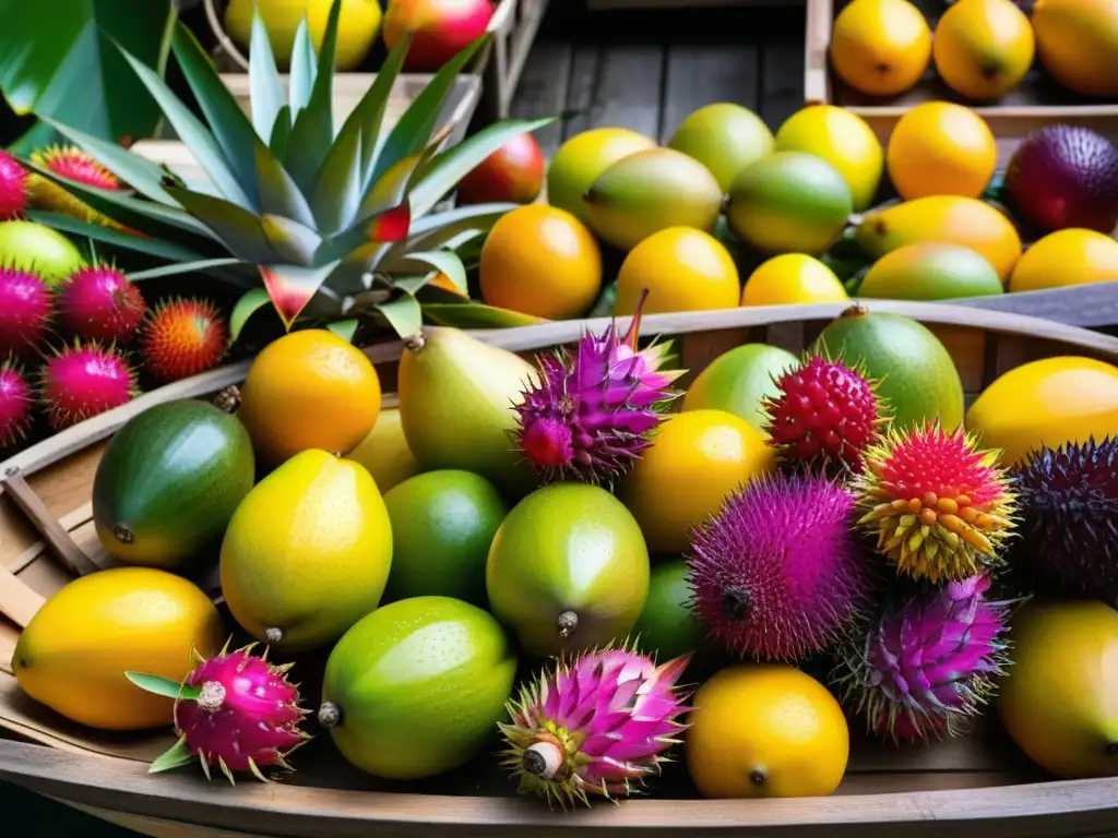 Una escena vibrante en un mercado flotante en Asia con frutas tropicales frescas y coloridas en cestas de mimbre en un bote de madera tradicional