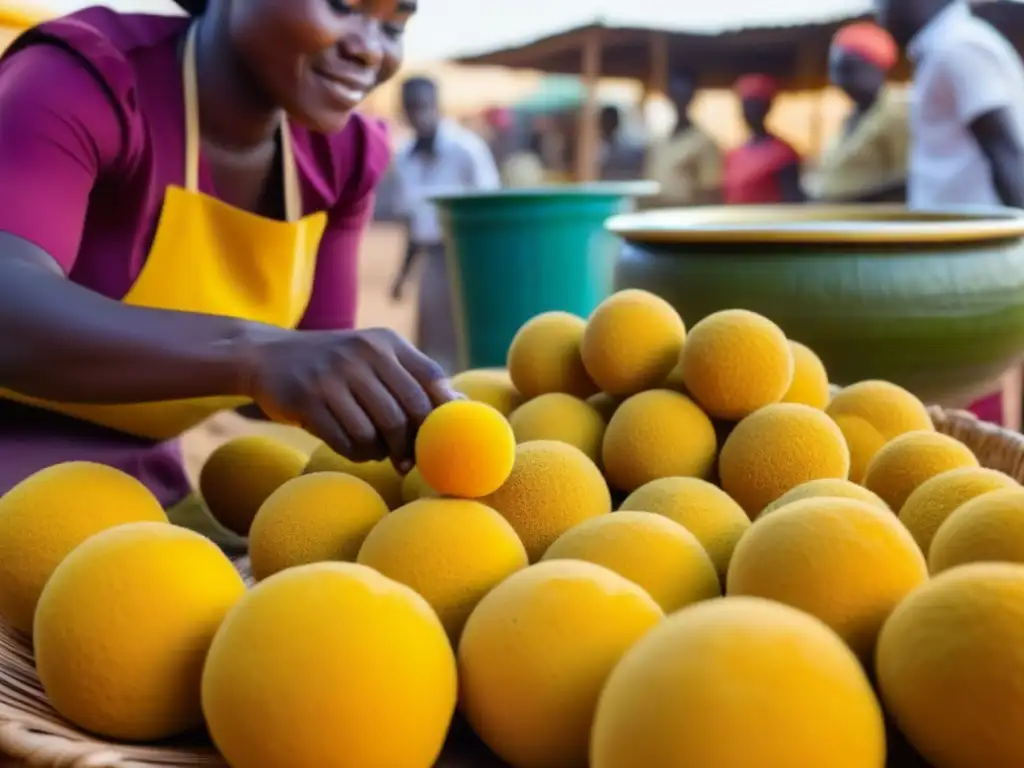 Una escena vibrante en un mercado ghanés: una mujer ghanesa experta moldea fufu dorado, reflejando la influencia africana en cocina hispanoamericana