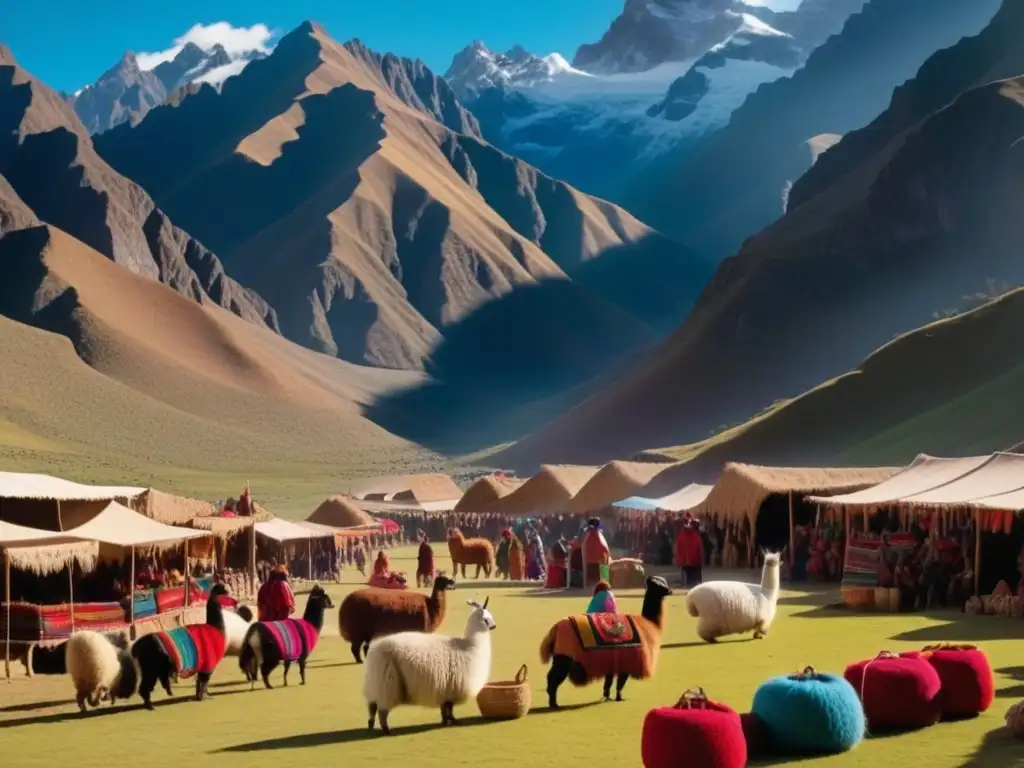 Escena vibrante en mercado inca con textiles y productos de lana de alpaca, en medio de majestuosas montañas