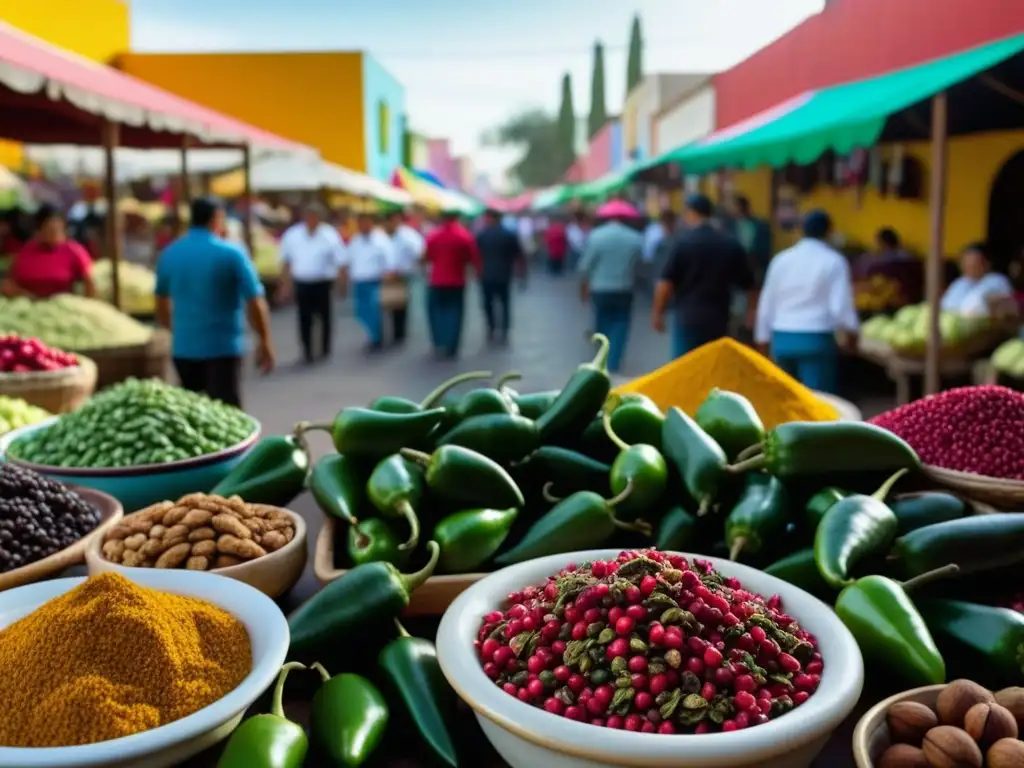 Escena vibrante del mercado en Puebla con ingredientes frescos y Chiles en Nogada en preparación