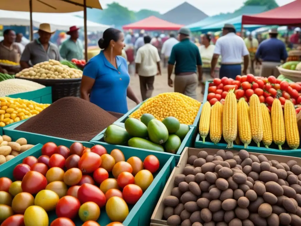 Mercado vibrante de la época del Intercambio Colombino Escena vibrante de mercado del Intercambio Colombino, resaltando la diversidad de productos orgánicos