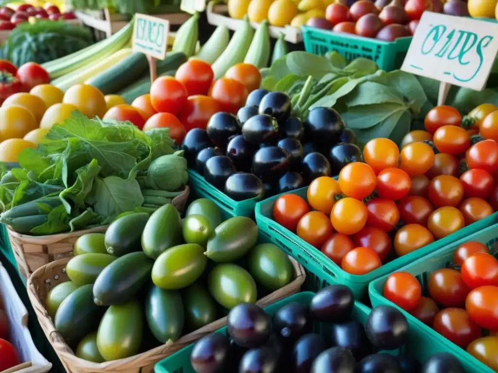 Escena vibrante de un mercado mediterráneo con frutas y verduras frescas, resaltando los beneficios saludables de la antigua dieta mediterránea