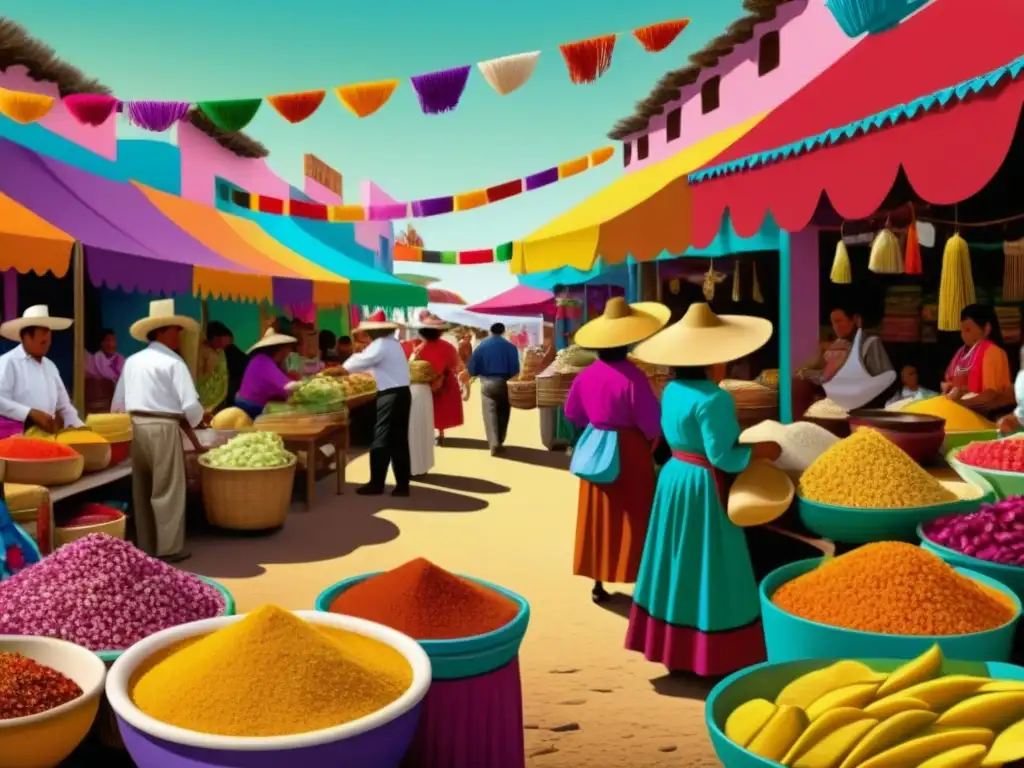 Escena vibrante de un mercado mexicano en los años 1910, con vendedores y clientes en medio de la cultura culinaria