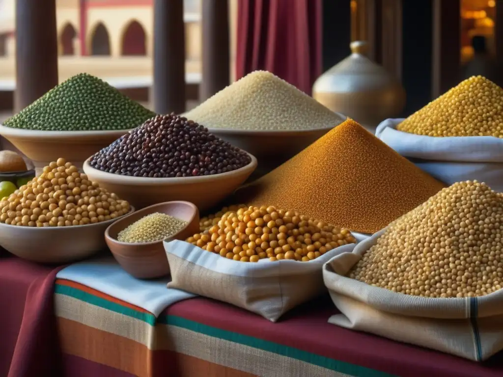 Escena vibrante de mercado otomano con coloridos montones de legumbres y cereales, destacando la importancia legumbres y cereales otomanos