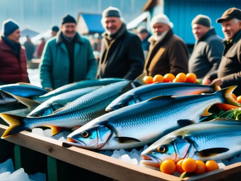 Escena vibrante en un mercado de pescado eslavo, con colores y detalles vivos