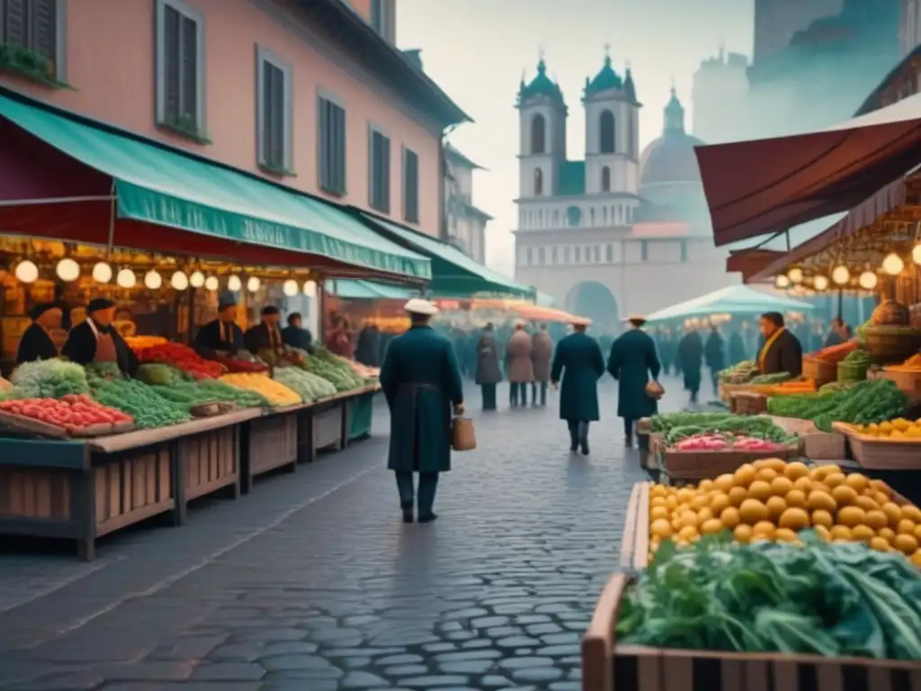 Escena vibrante de mercado renacentista italiano con frutas, verduras y arúgula fresca