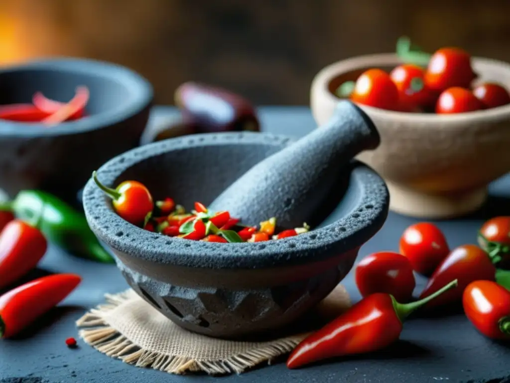 Una escena vibrante de un molcajete con chiles rojos, ajos y tomates listos para una salsa