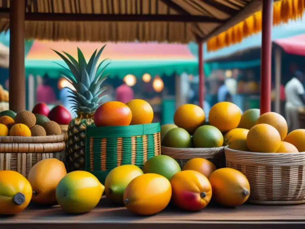 Una escena vibrante de un puesto de mercado caribeño rebosante de frutas exóticas y especias, reflejando la cultura alimentaria caribeña