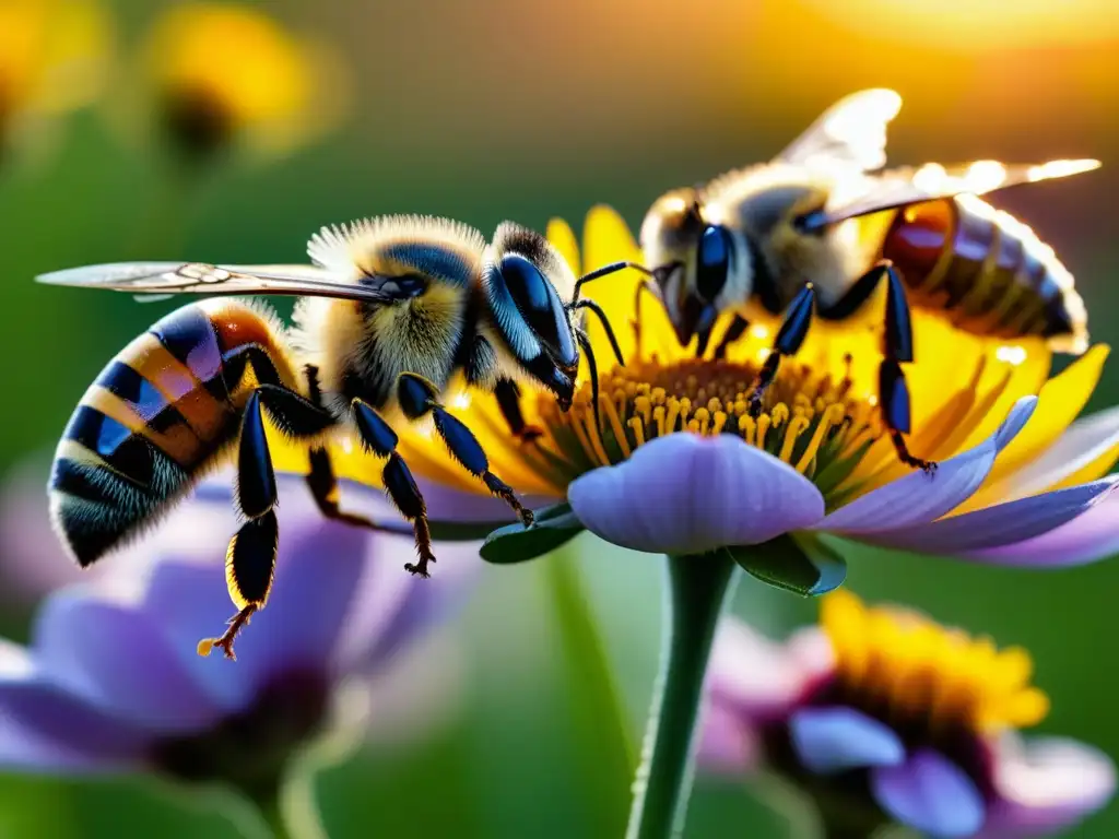 Un escenario idílico donde abejas recolectan néctar de coloridas flores bajo el cálido sol