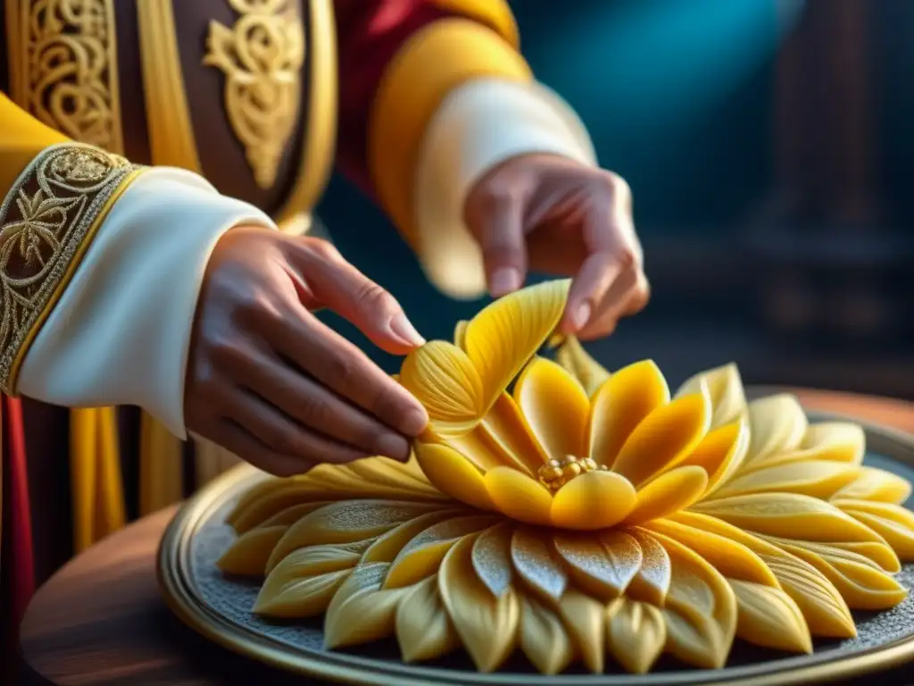 Una escultura de azúcar bizantina dorada detallada, con motivos florales intrincados