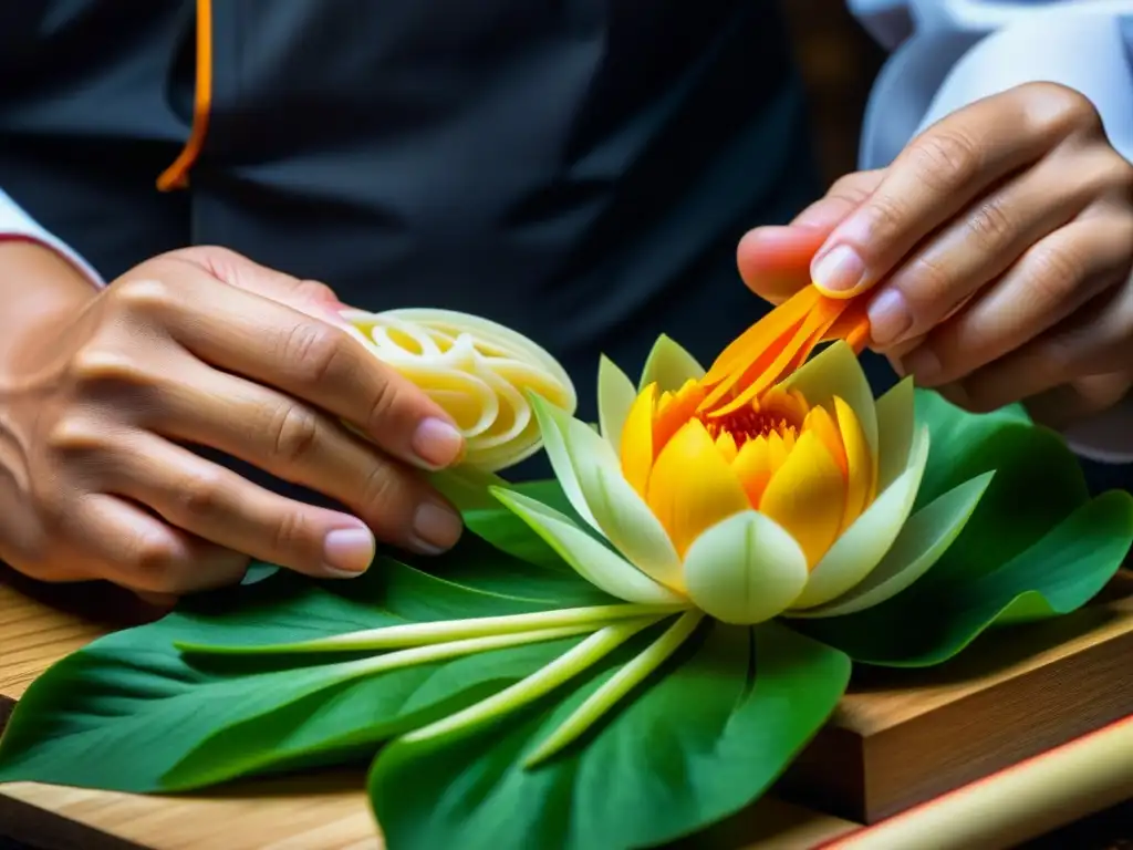 Escultura de loto tallada en zanahoria por chef experto en cocina imperial china