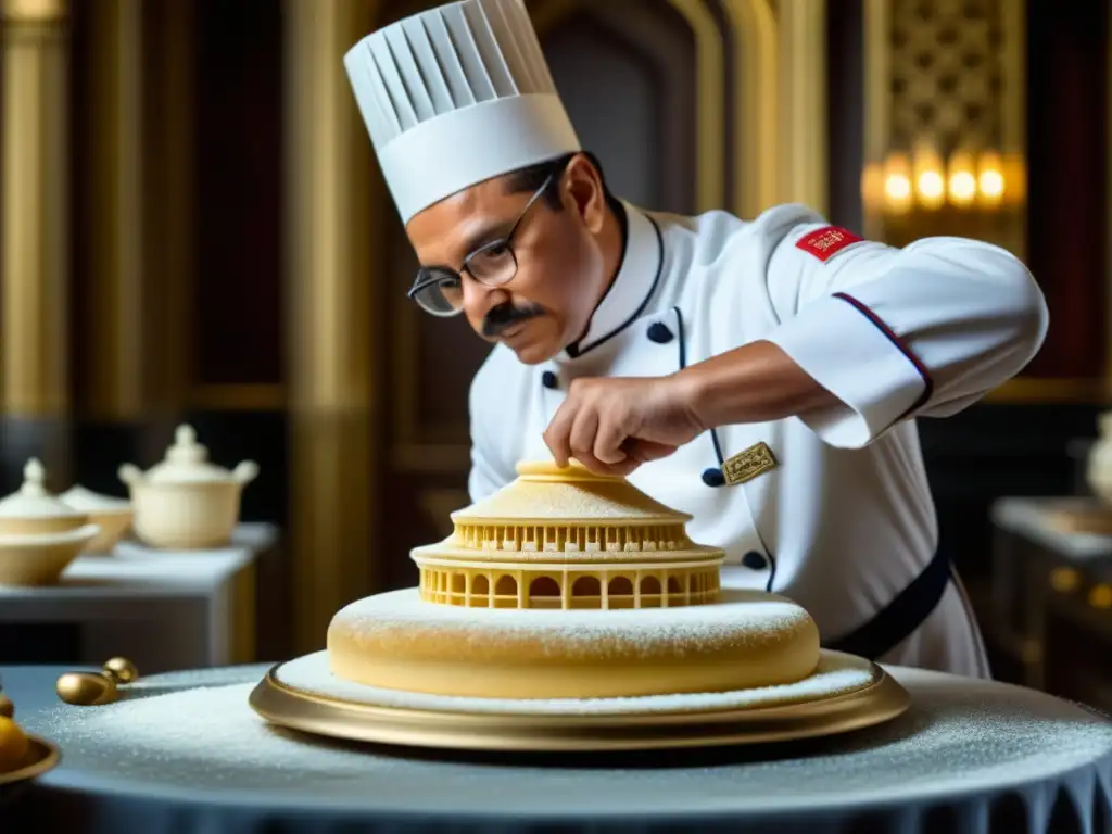 Hábil chef elaborando escultura de azúcar en palacio histórico europeo