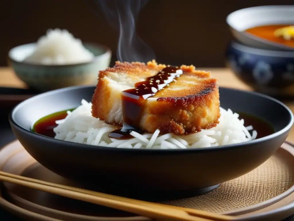 Delicioso tonkatsu dorado sumergido en salsa japonesa Deléitate con la esencia del Katsudon: tonkatsu crujiente sumergiéndose en salsa dulce y salada