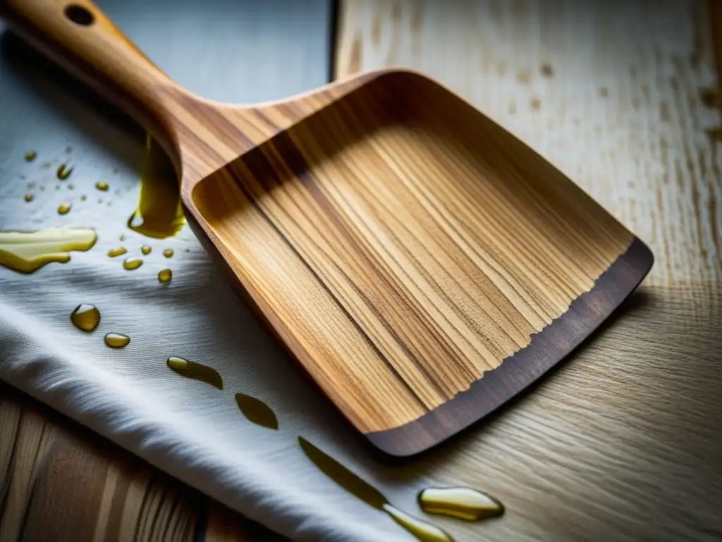 Una espátula de madera desgastada con historia en la cocina, mostrando sus detalles y calidez