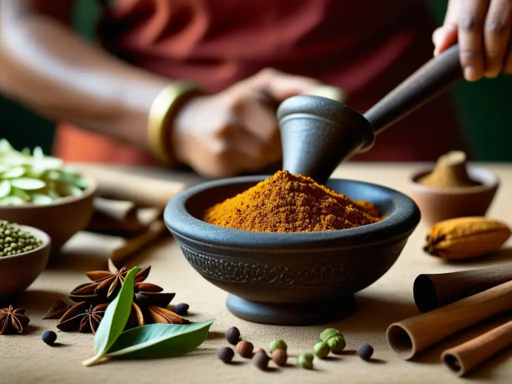 Moliendo especias aromáticas en mortero de piedra: recetas históricas India relevancia cultural