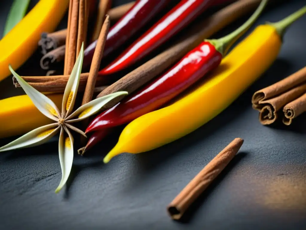 Fotografía de especias vibrantes: chiles rojos, cúrcuma dorada, canela y anís estrellado