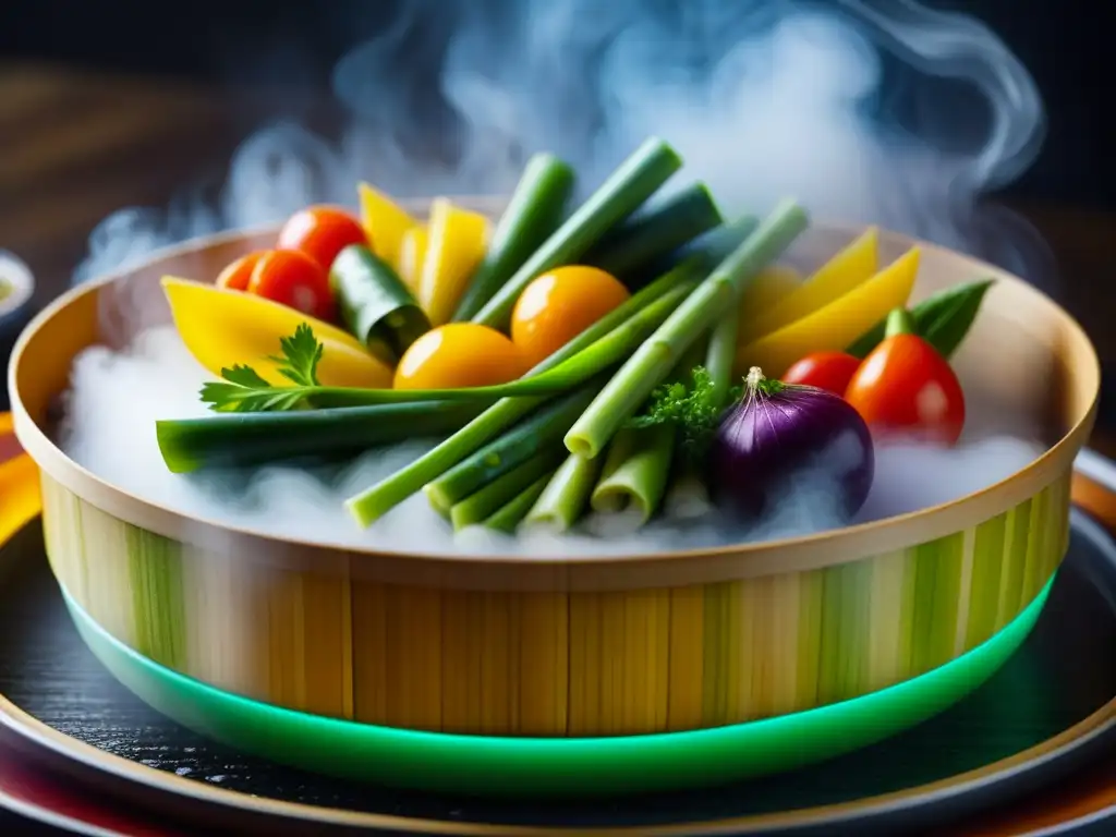 Un espectacular vaporoso cuenco de bambú con variadas verduras, ilustrando la cocina a vapor en la historia culinaria asiática