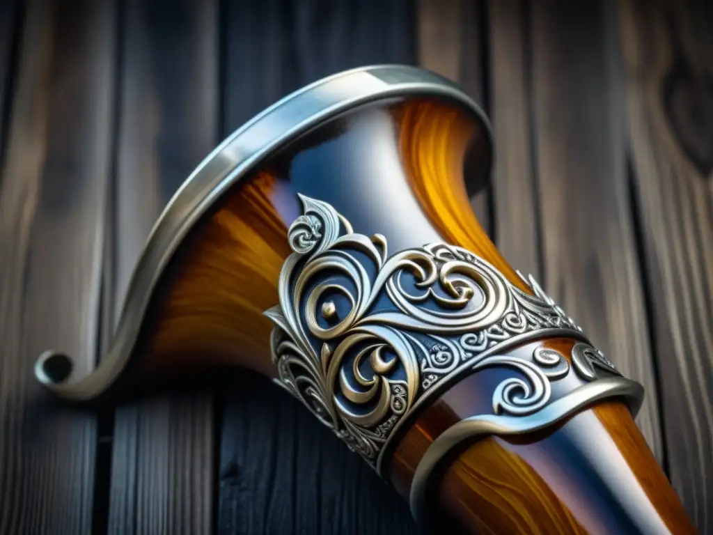 Espléndida cornamenta vikinga tallada, llena de hidromiel dorado, en entorno rústico