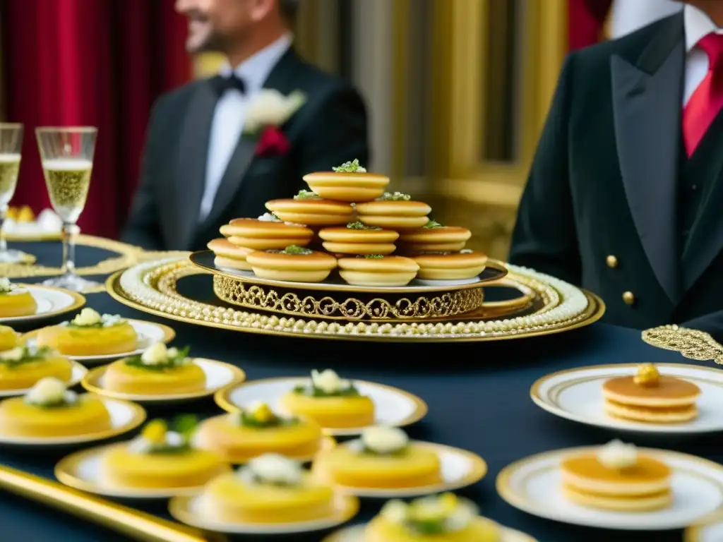 Espléndida mesa de banquete real con platos dorados, champagne y diplomáticos asombrados