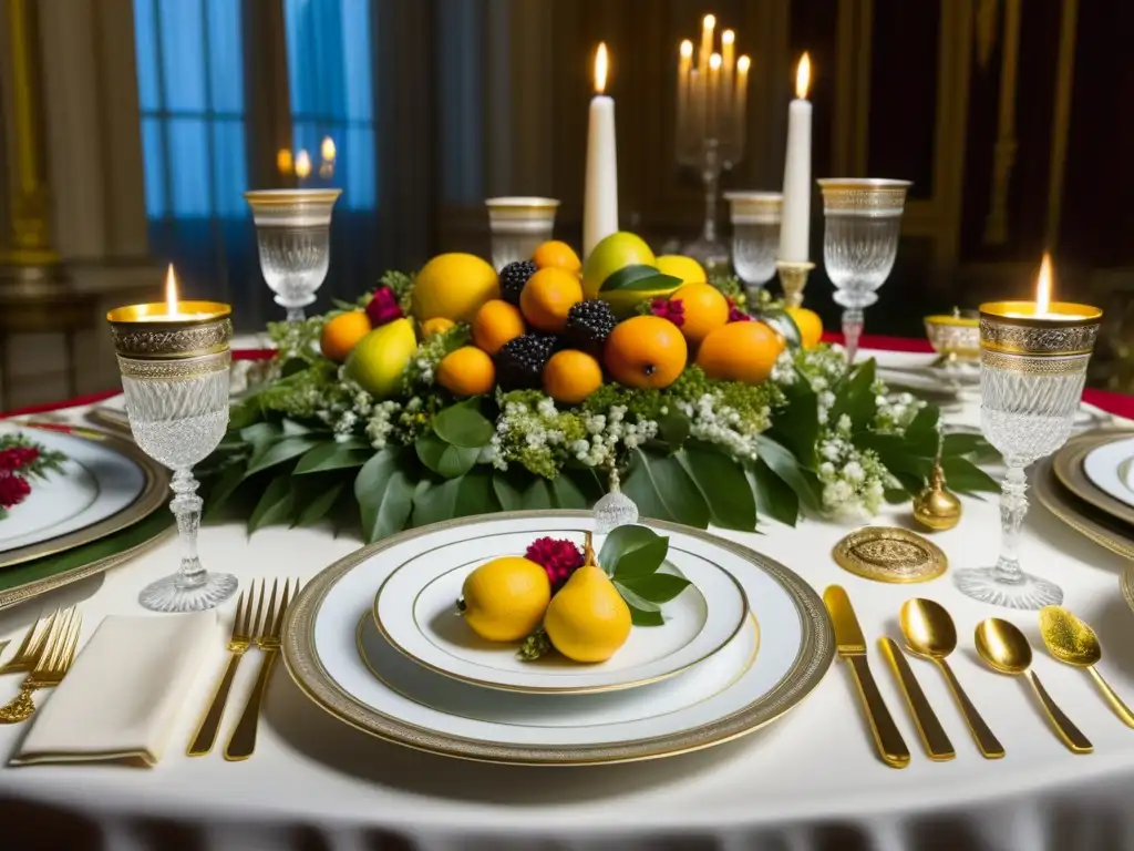 Espléndido banquete estratégico en las Guerras Napoleónicas, con mesa lujosa y detallada, invitados intrigantes y elegancia