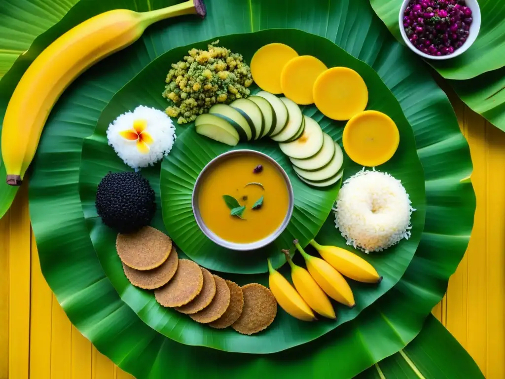 Espléndido banquete tradicional de Onam en hoja de plátano, con recetas históricas culturas épocas contexto vibrantes y aromáticas