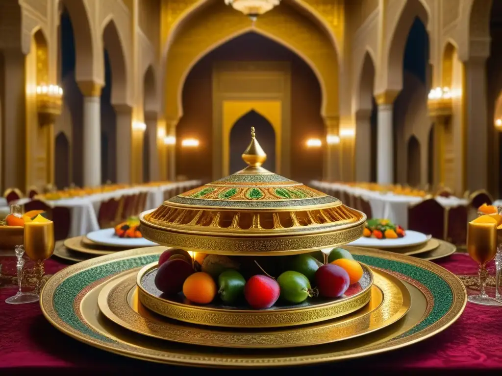 Esplendor en un banquete real del Califato Abásida: platos de oro, frutas coloridas y velas, todo deslumbrante y lujoso