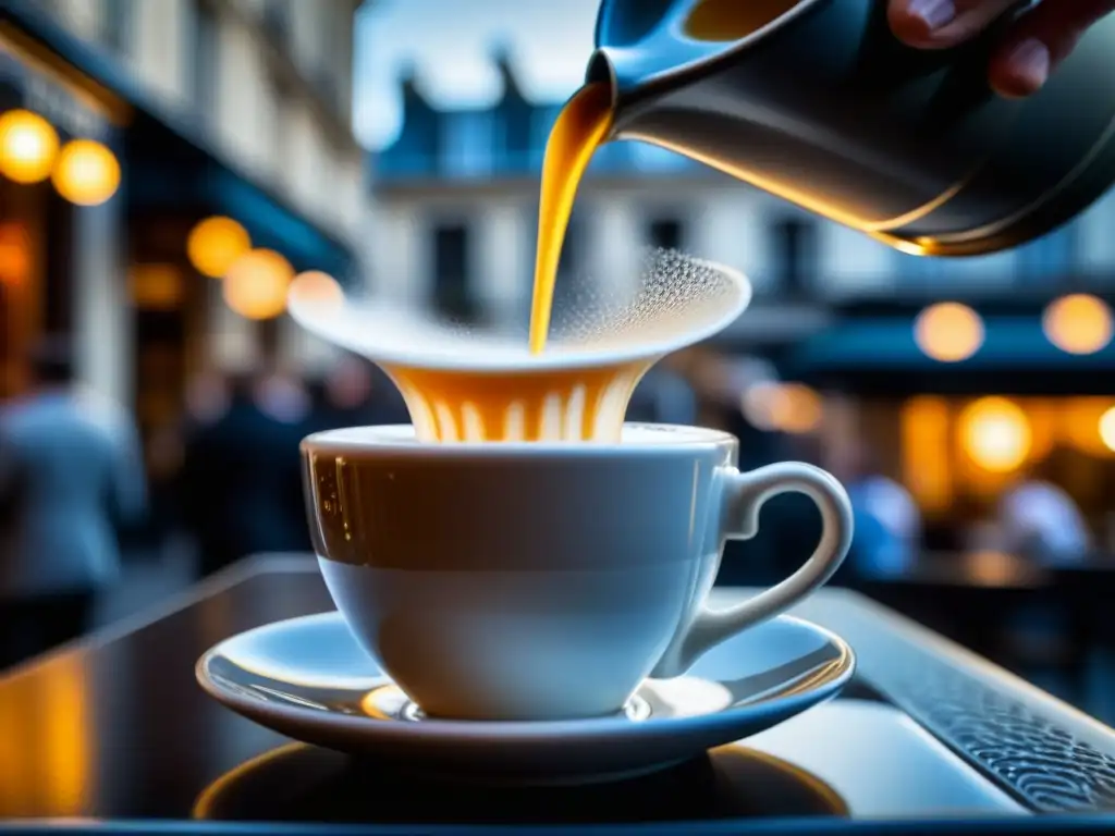 Un espresso recién hecho vertiéndose en una taza de porcelana en un café parisino, Introducción del Café en Francia