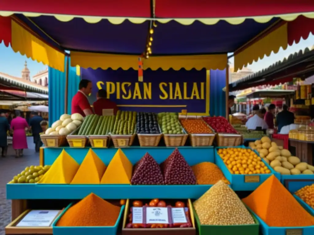 Un estallido de colores y sabores en un mercado tradicional español, reflejando la diversidad de la gastronomía histórica y las culturas