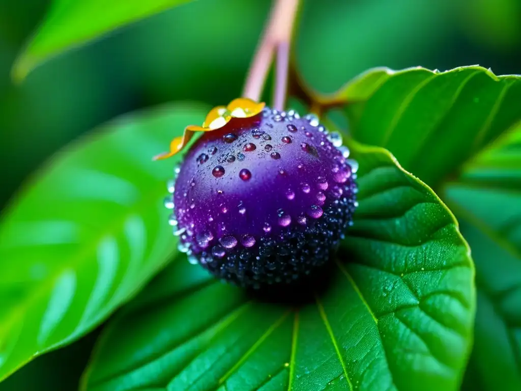 Una exótica baya de açaí púrpura en la Amazonía, con gotas de rocío y hojas verdes