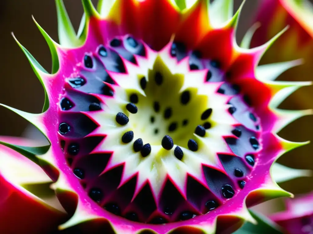 Una exótica pitahaya rosa cortada a la mitad, mostrando su pulpa jugosa y semillas negras brillantes bajo una suave luz natural