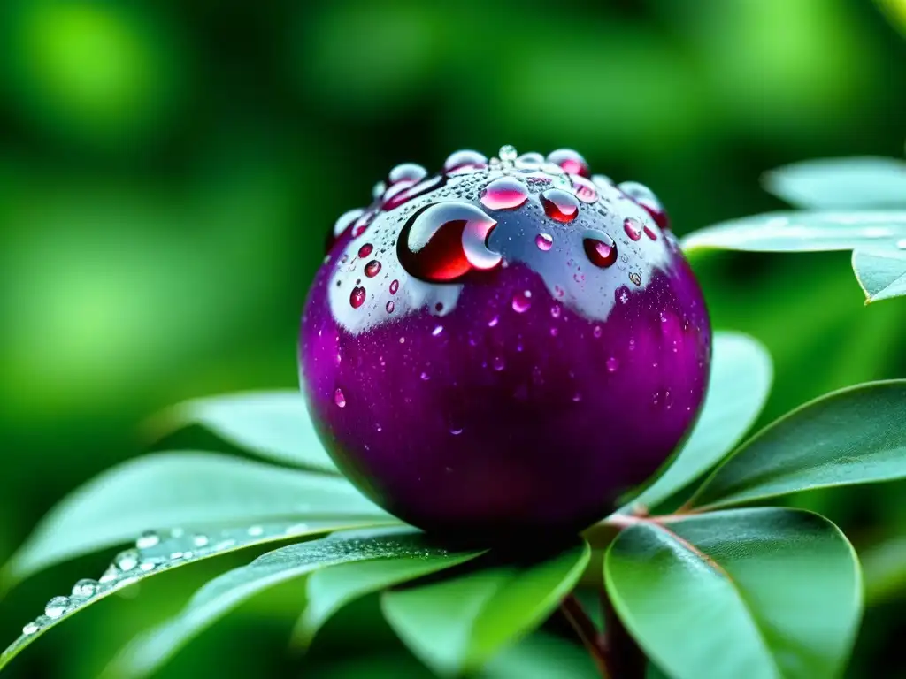 Exótica fruta morada de camu camu con gotas de agua, en un fondo verde amazónico