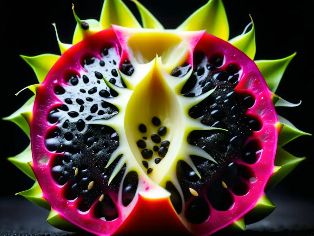 Una exótica pitahaya partida, con su pulpa fucsia y semillas negras, resalta sobre un fondo oscuro