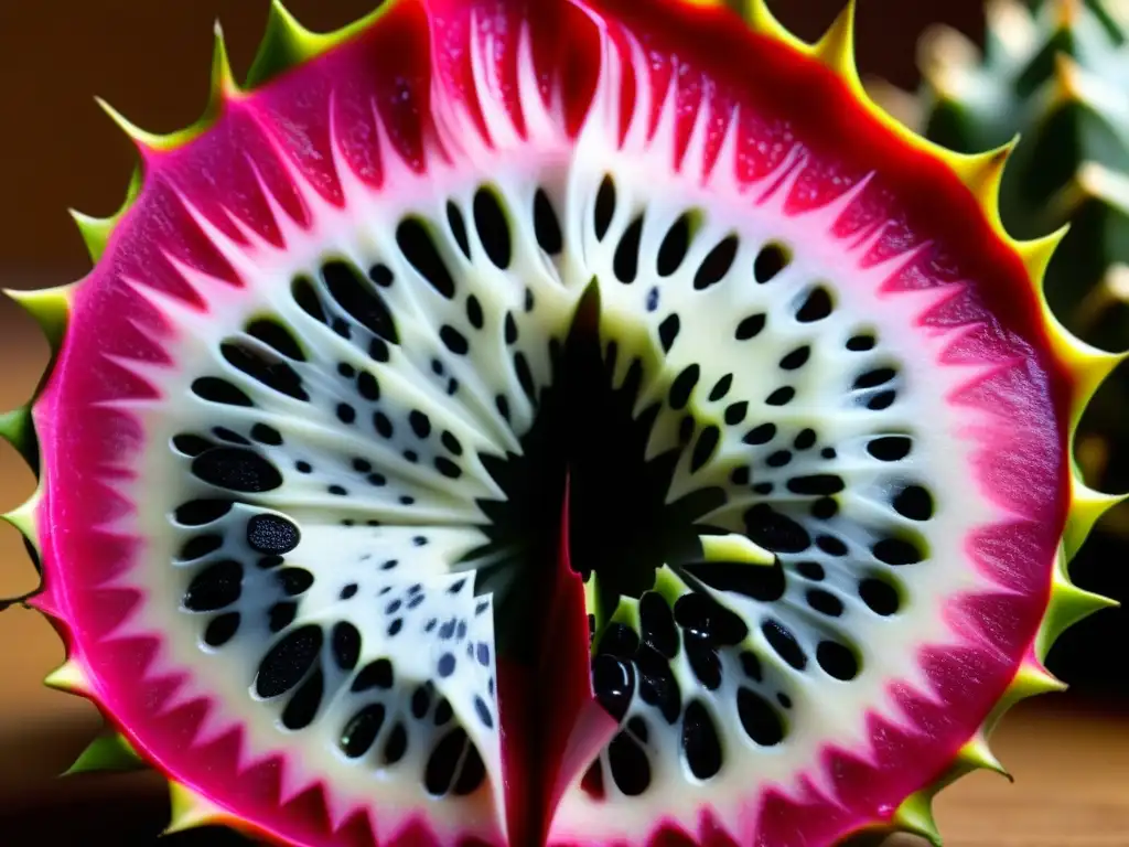 Una exótica pitahaya roja cortada, con semillas negras y pulpa blanca brillante, para ingredientes cócteles renacentistas exóticos