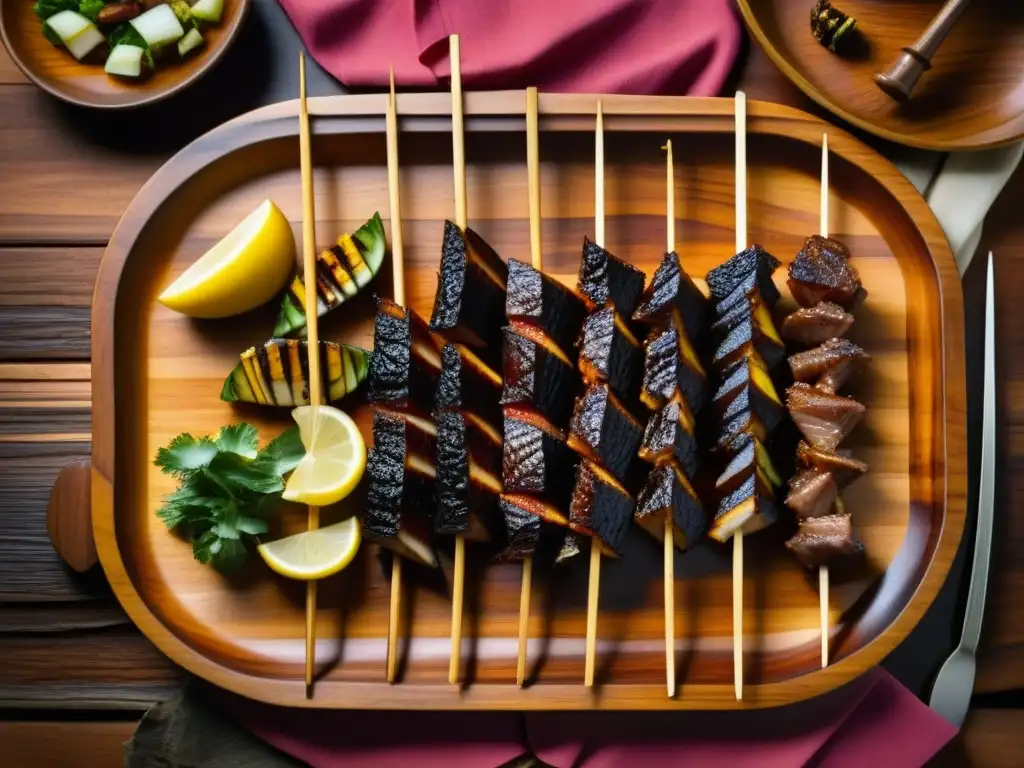 Exóticas carnes africanas: fotografía detallada de crocante cola de cocodrilo, brochetas de cebra y filetes de avestruz en plato de madera