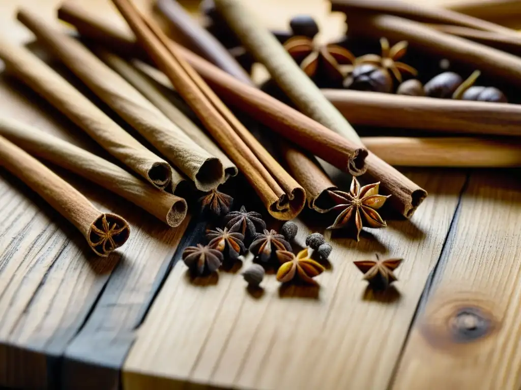 Exóticas especias africanas resaltan en la cocina caribeña, en una composición detallada y colorida en una tabla de madera rústica