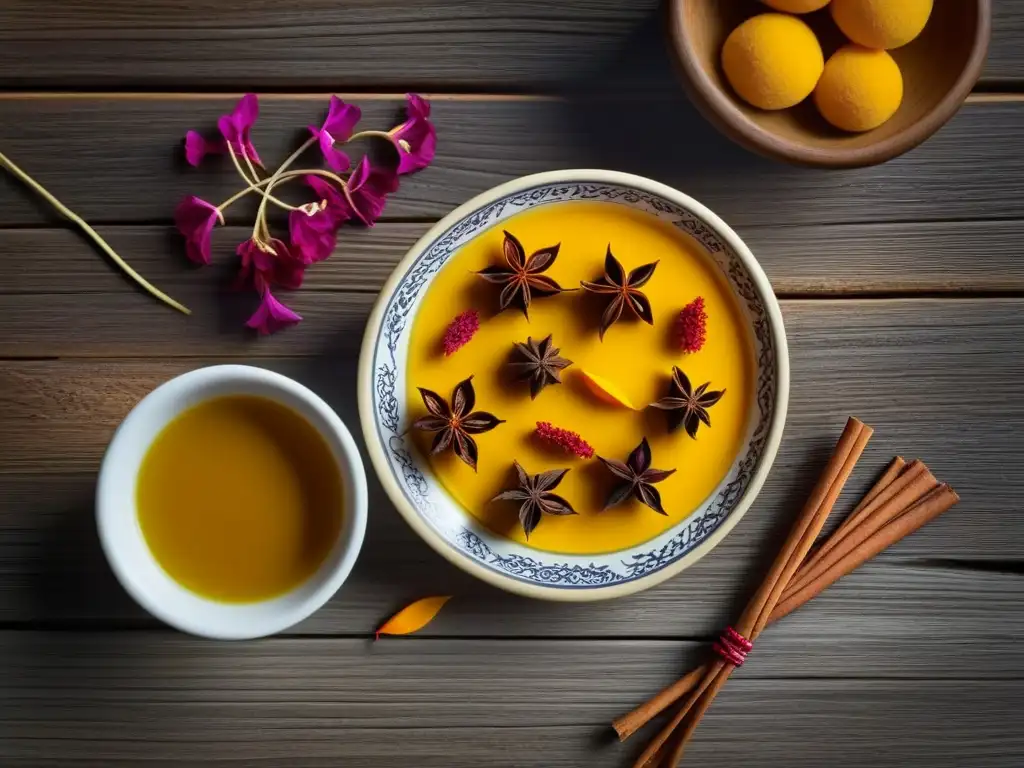 Exóticos ingredientes de la cocina bizantina: una colorida mezcla de azafrán, pétalos de rosa y canela sobre una mesa rústica de madera