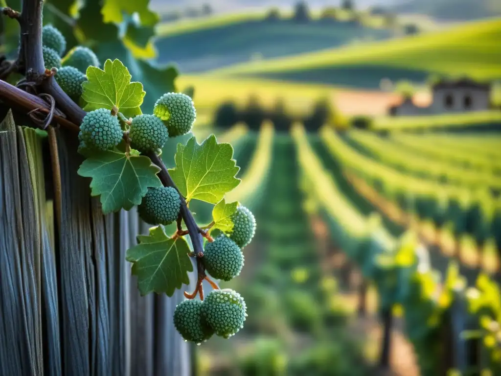 Experiencia vinícola en la Toscana: Detalle de una antigua vid en un viñedo toscano, con gotas de rocío al amanecer y colinas verdes al fondo