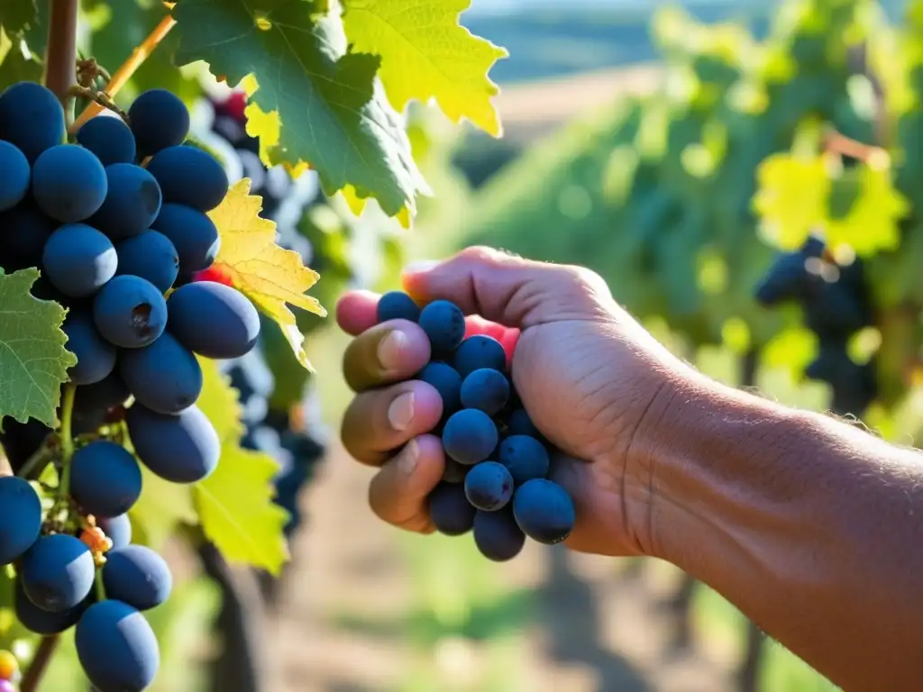 Experiencia vinícola en la Toscana: Mano recolectando uvas Sangiovese en viñedo de ensueño bajo el sol