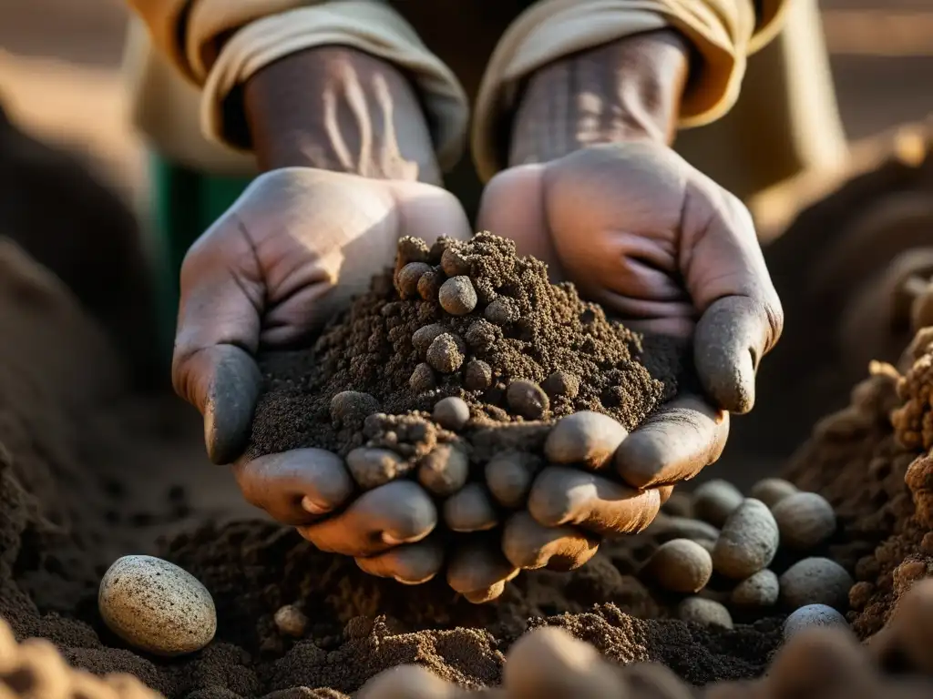 Las experimentadas manos de un agricultor egipcio sostienen la tierra fértil, reflejando el legado de la agricultura sustentable en Egipto