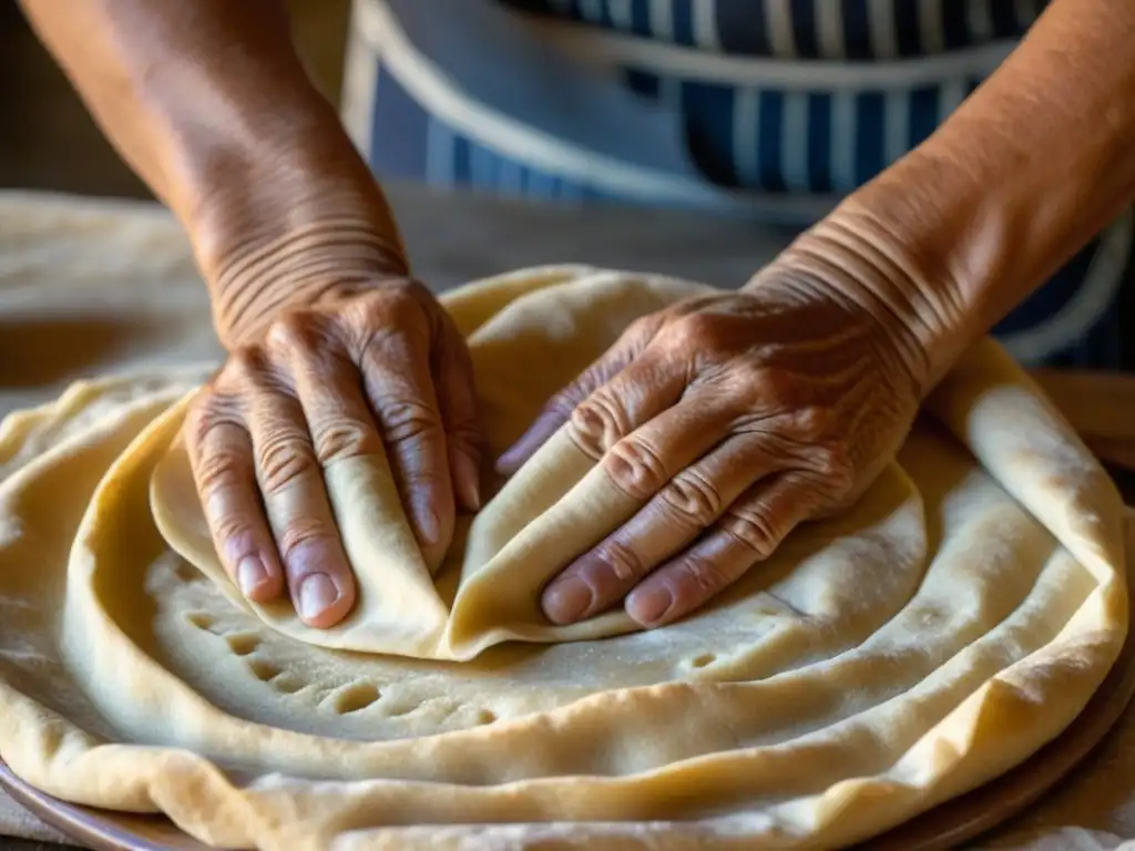 Las experimentadas manos de una anciana armenia estiran con destreza la masa para hacer pan Lavash, mostrando orgullo y concentración