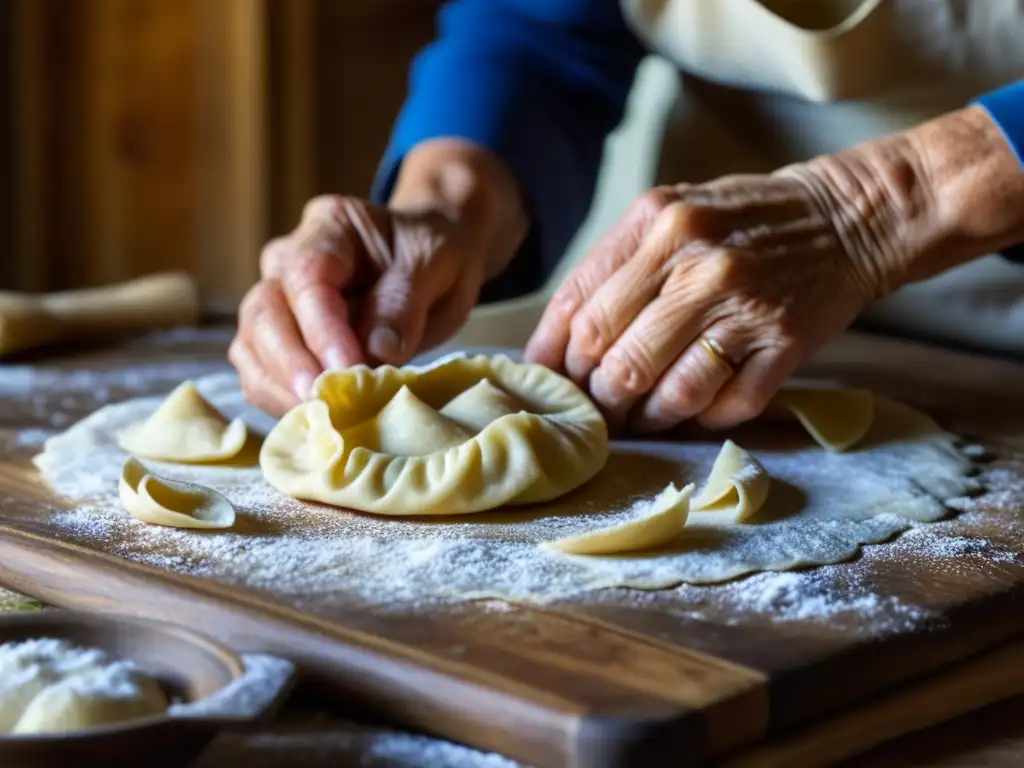 Las experimentadas manos de una anciana europea del Este moldean la masa de pierogi en una mesa de madera, iluminadas por la luz natural