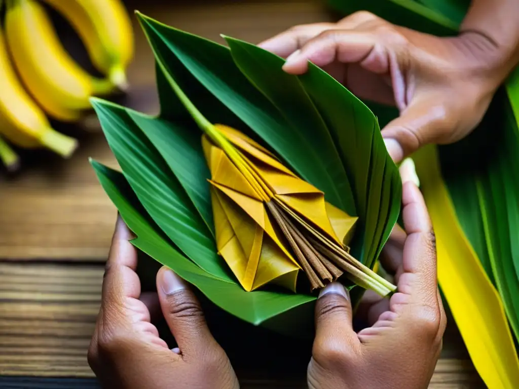 Las experimentadas manos de una anciana filipina crean un origami de hoja de plátano, con especias aromáticas