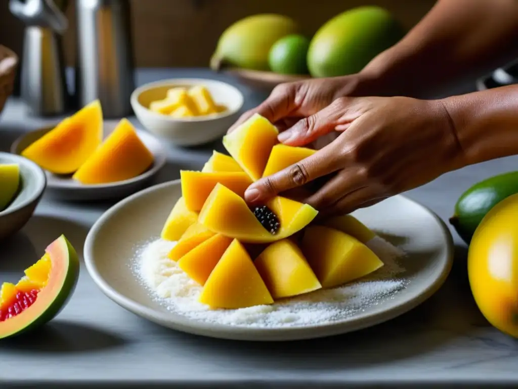 Las experimentadas manos de una anciana isleña creando Pan de Fruta, con mango, papaya y plátano