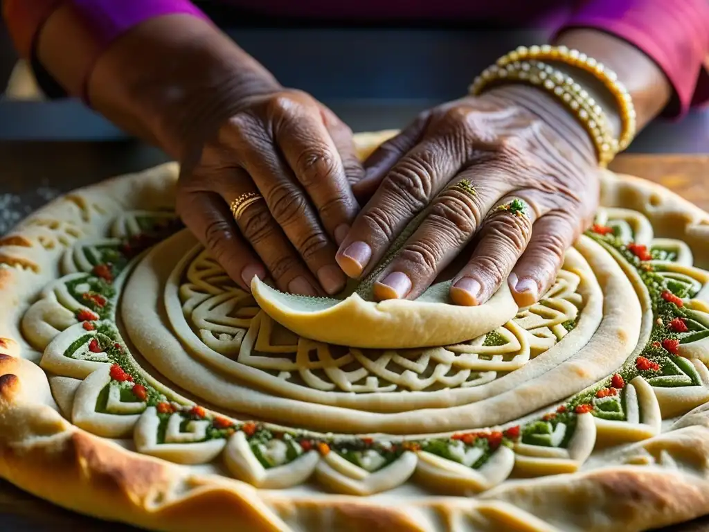 Las experimentadas manos de una anciana preparando masa para pan plano asiático