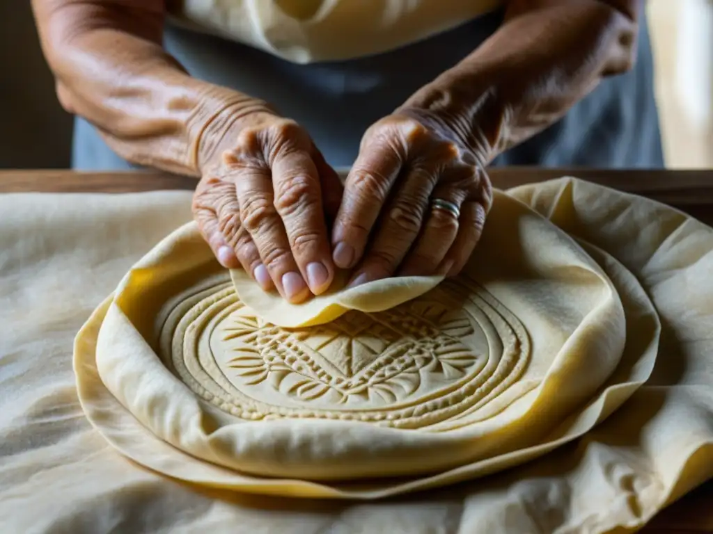 Las experimentadas manos de una anciana crean tortillas de maíz en revolución, con detallados diseños en la masa