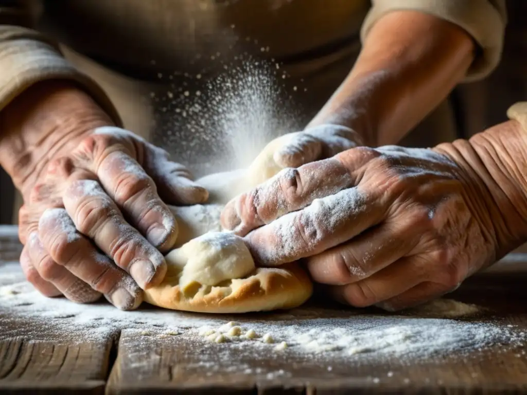 Las experimentadas manos del anciano panadero amasan la masa en una mesa rústica, creando pan artesanal con historia y maestría